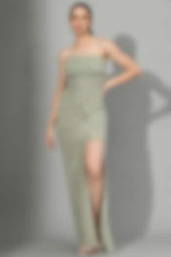 Pastel Green Shimmer Crepe Cowl Draped Gown by Sunanta Madaan