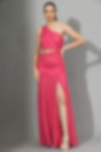 Pink Chiffon Ruched Gown by Sunanta Madaan