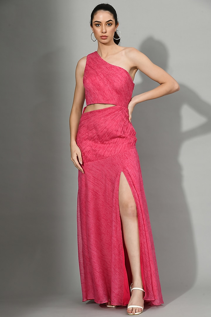Pink Chiffon Ruched Gown by Sunanta Madaan