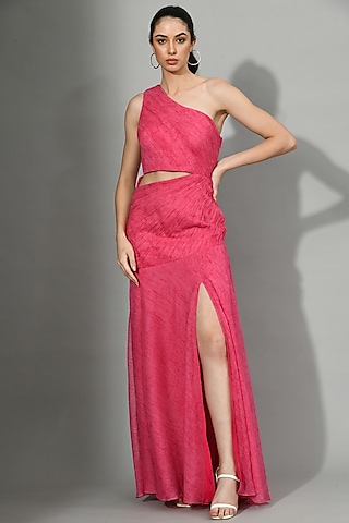 Pink Chiffon Ruched Gown by Sunanta Madaan