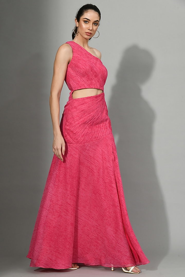 Pink Chiffon Ruched Gown by Sunanta Madaan at Pernia's Pop Up Shop