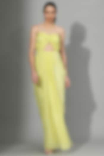 Yellow Dyed Chiffon Draped Ruched Gown by Sunanta Madaan