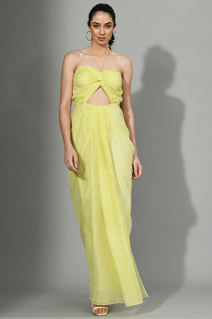 Yellow Dyed Chiffon Draped Ruched Gown by Sunanta Madaan