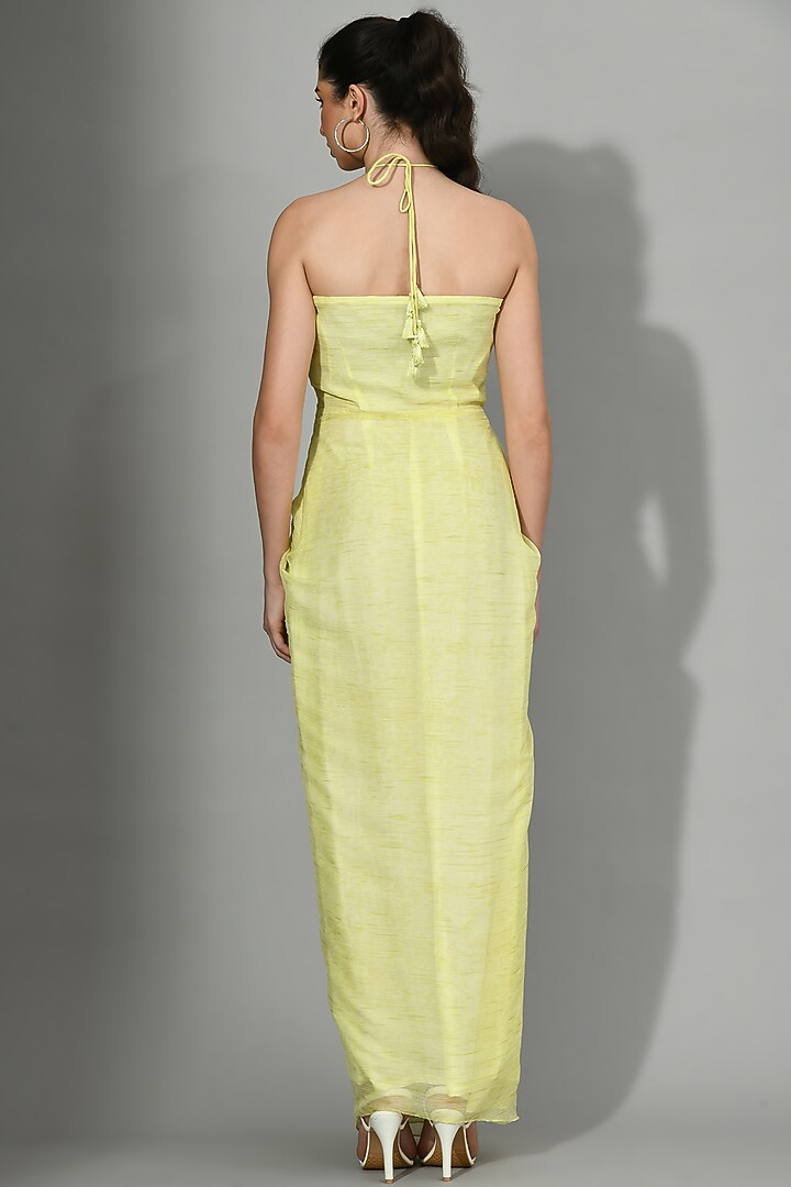 Yellow Dyed Chiffon Draped Ruched Party Wear Gown by Sunanta Madaan at Pernia's Pop Up Shop