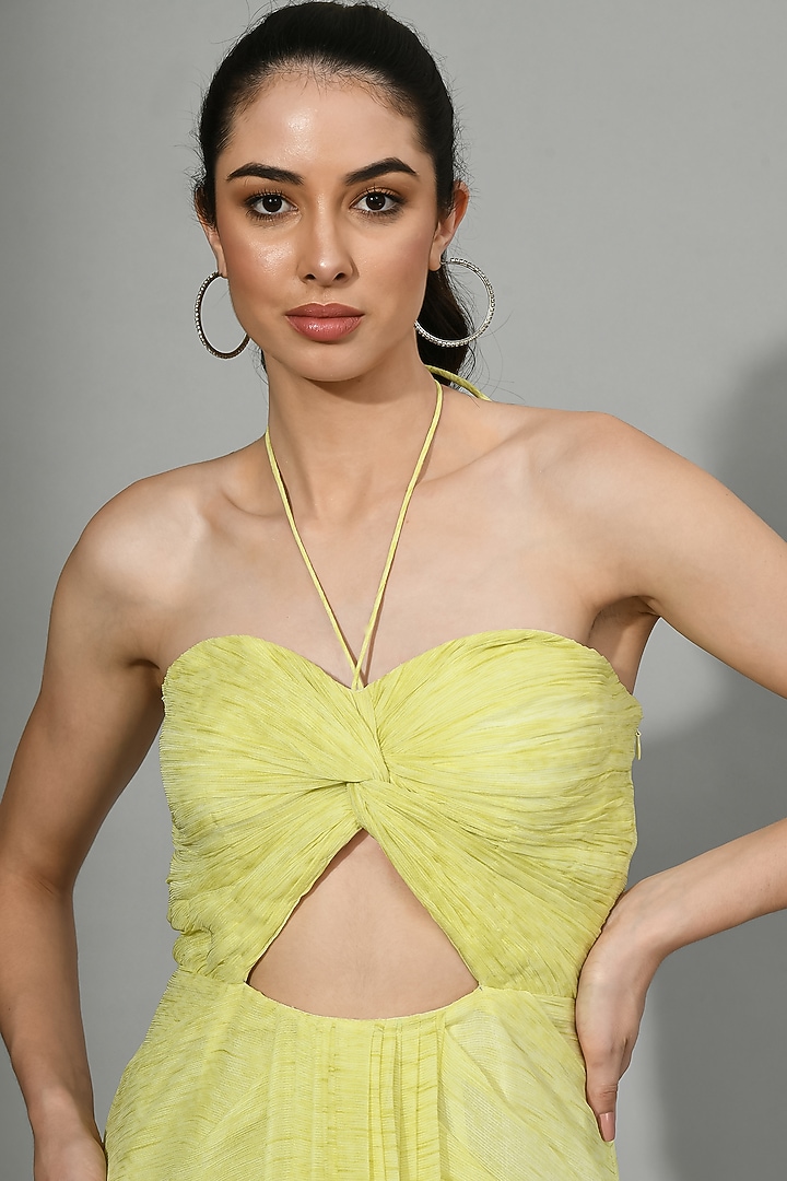 Yellow Dyed Chiffon Draped Ruched Party Wear Gown by Sunanta Madaan at Pernia's Pop Up Shop
