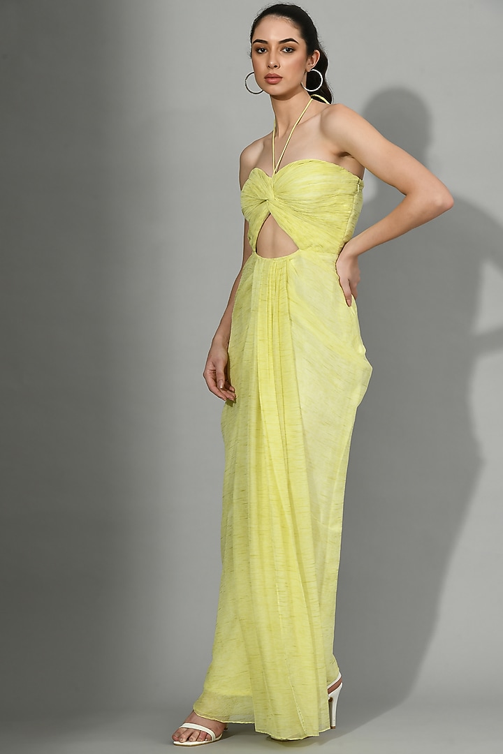 Yellow Dyed Chiffon Draped Ruched Party Wear Gown by Sunanta Madaan at Pernia's Pop Up Shop