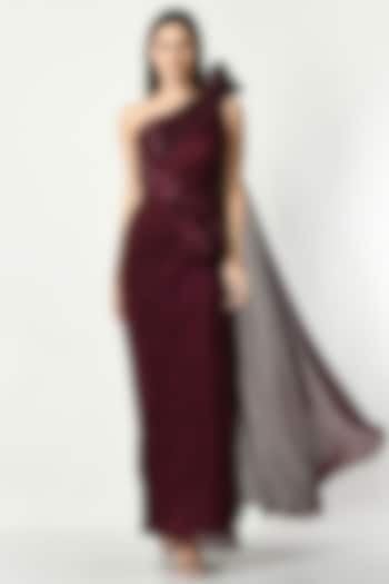 Wine Shimmer Crepe Sequins Embroidered Draped Gown by Sunanta Madaan