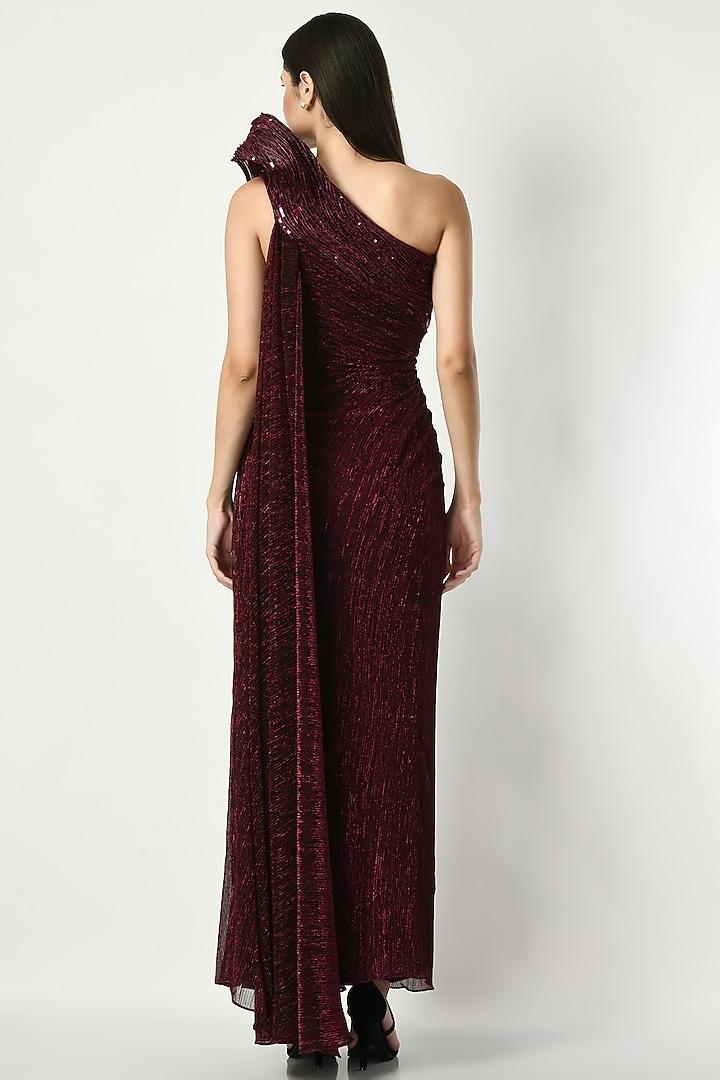 Wine Shimmer Crepe Sequins Embroidered Draped Engagement Gown by Sunanta Madaan at Pernia's Pop Up Shop
