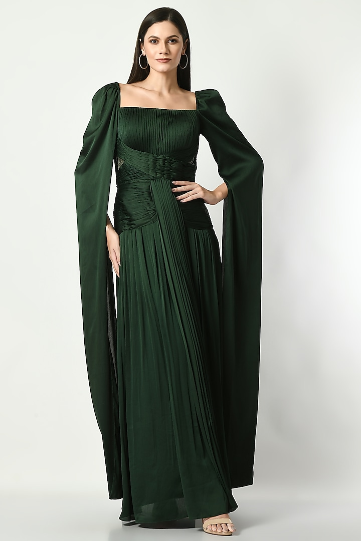 Bottle Green Wrinkled Chiffon Ruched Gown by Sunanta Madaan