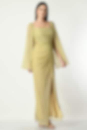 Gold Shimmer Crepe Draped Gown by Sunanta Madaan