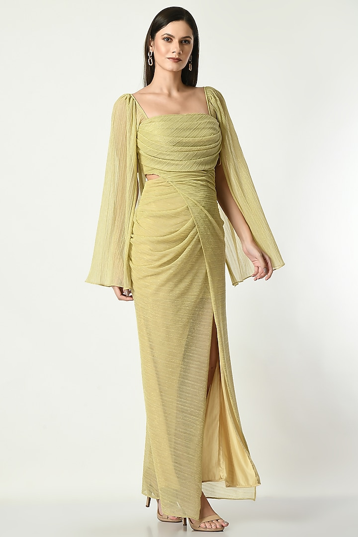 Gold Shimmer Crepe Draped Gown by Sunanta Madaan