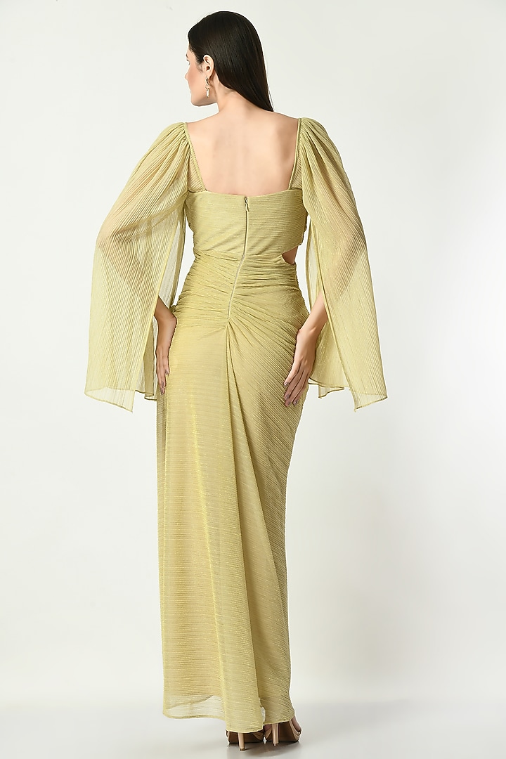 Gold Shimmer Crepe Draped Party Wear Gown by Sunanta Madaan at Pernia's Pop Up Shop