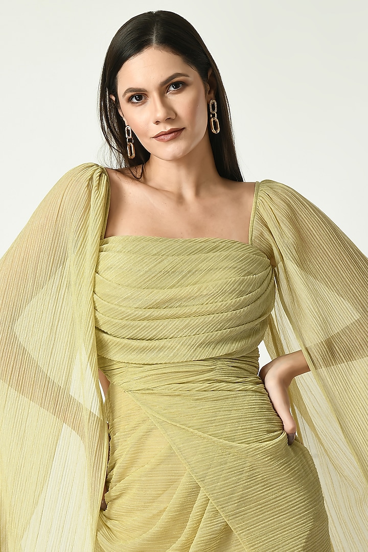 Gold Shimmer Crepe Draped Party Wear Gown by Sunanta Madaan at Pernia's Pop Up Shop