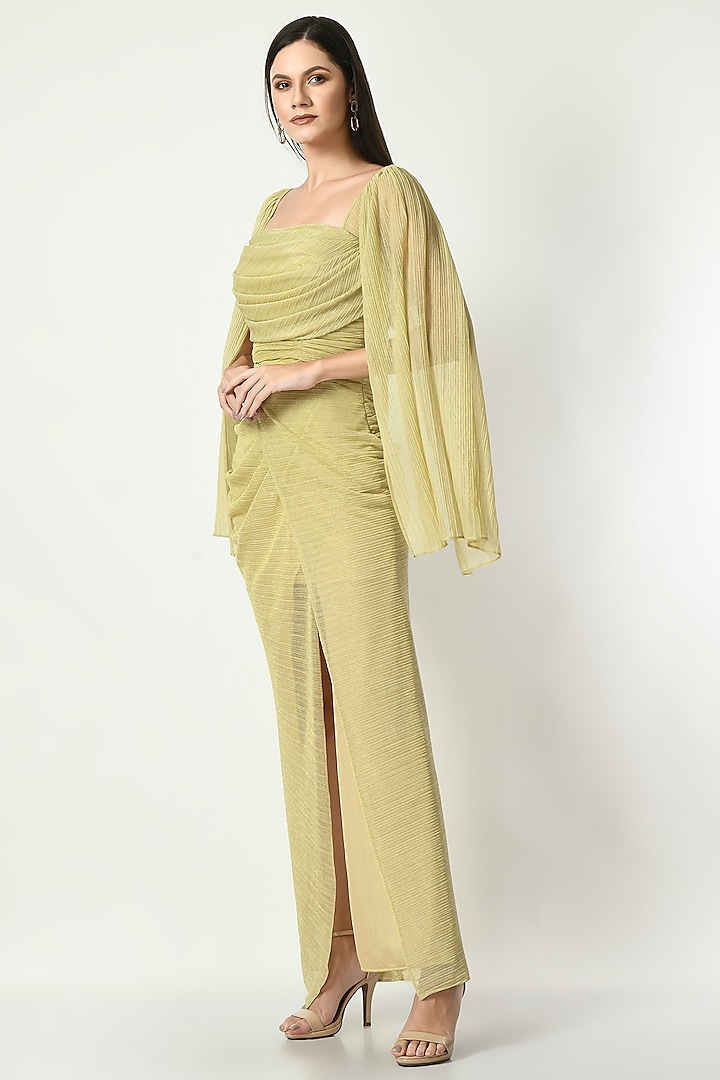 Gold Shimmer Crepe Draped Party Wear Gown by Sunanta Madaan at Pernia's Pop Up Shop