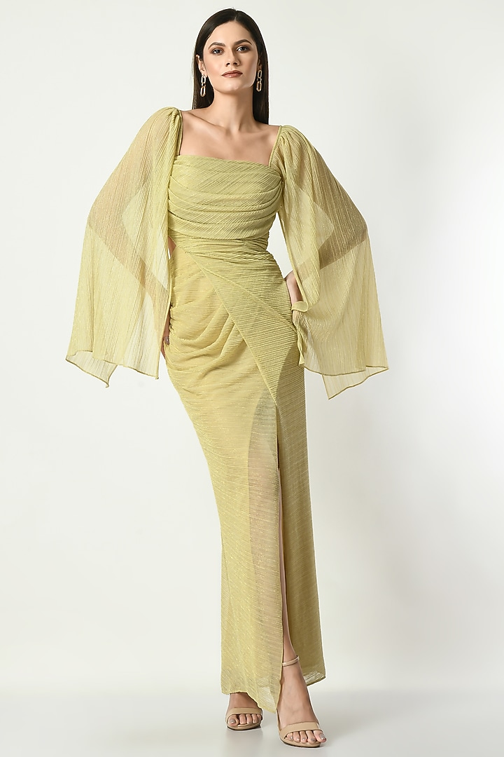 Gold Shimmer Crepe Draped Party Wear Gown by Sunanta Madaan at Pernia's Pop Up Shop