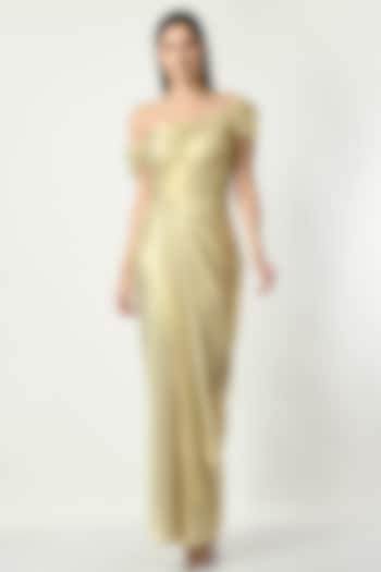 Gold Metallic Lycra Off-Shoulder Draped Gown by Sunanta Madaan