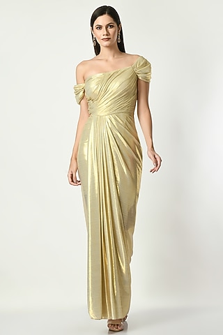 Gold Metallic Lycra Off-Shoulder Draped Gown by Sunanta Madaan