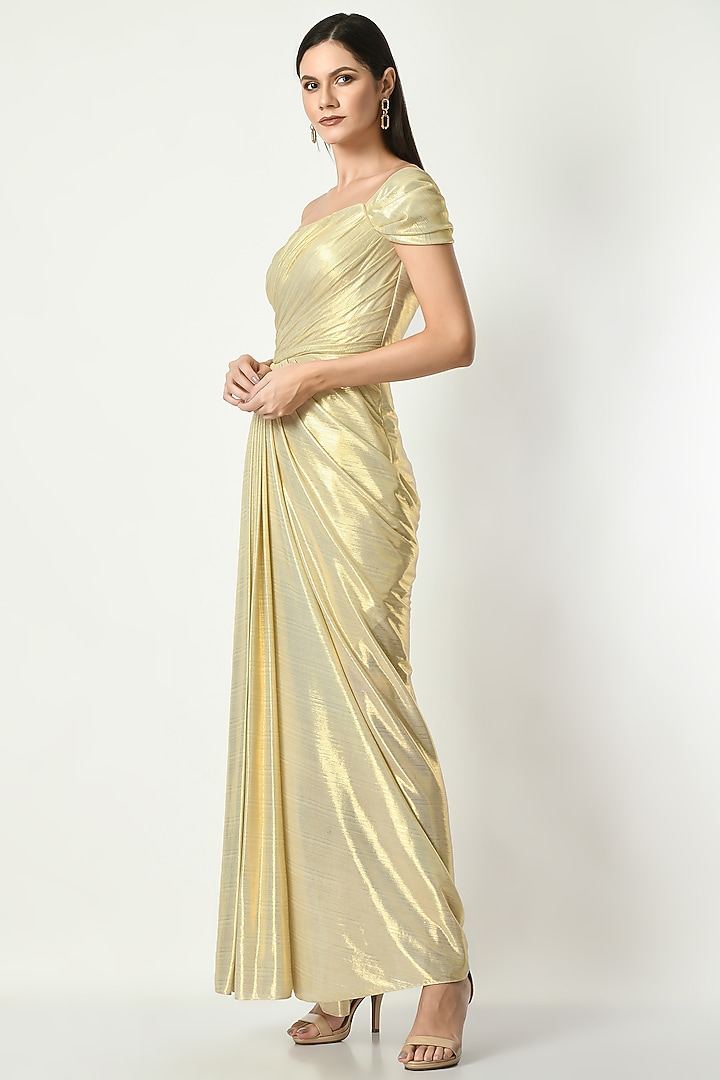 Gold Metallic Lycra Off-Shoulder Draped Party Wear Gown by Sunanta Madaan at Pernia's Pop Up Shop