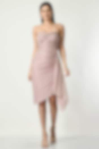 Pink Shimmer Crepe Off-Shoulder Draped Dress by Sunanta Madaan