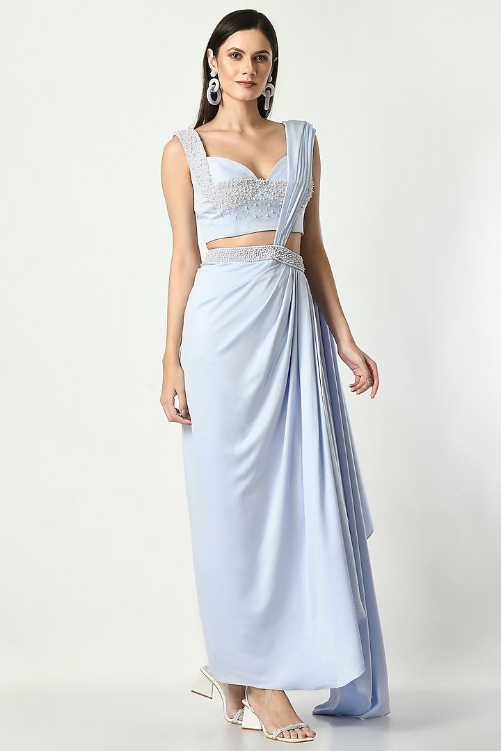 Lavender Satin Draped Wedding Saree Set by Sunanta Madaan at Pernia's Pop Up Shop