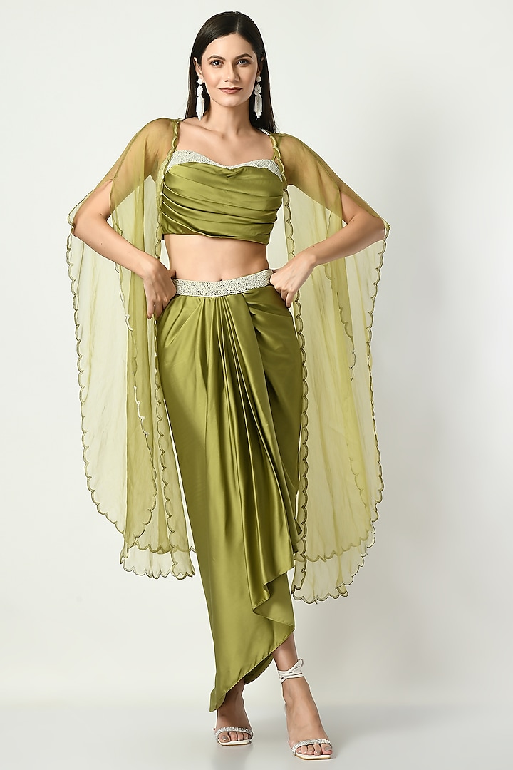 Olive Satin Draped Dhoti Skirt Set by Sunanta Madaan