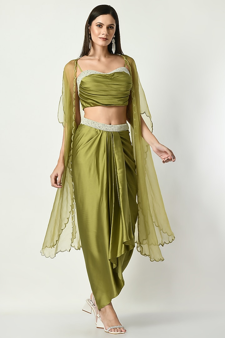 Olive Satin Draped Dhoti Skirt Set by Sunanta Madaan at Pernia's Pop Up Shop
