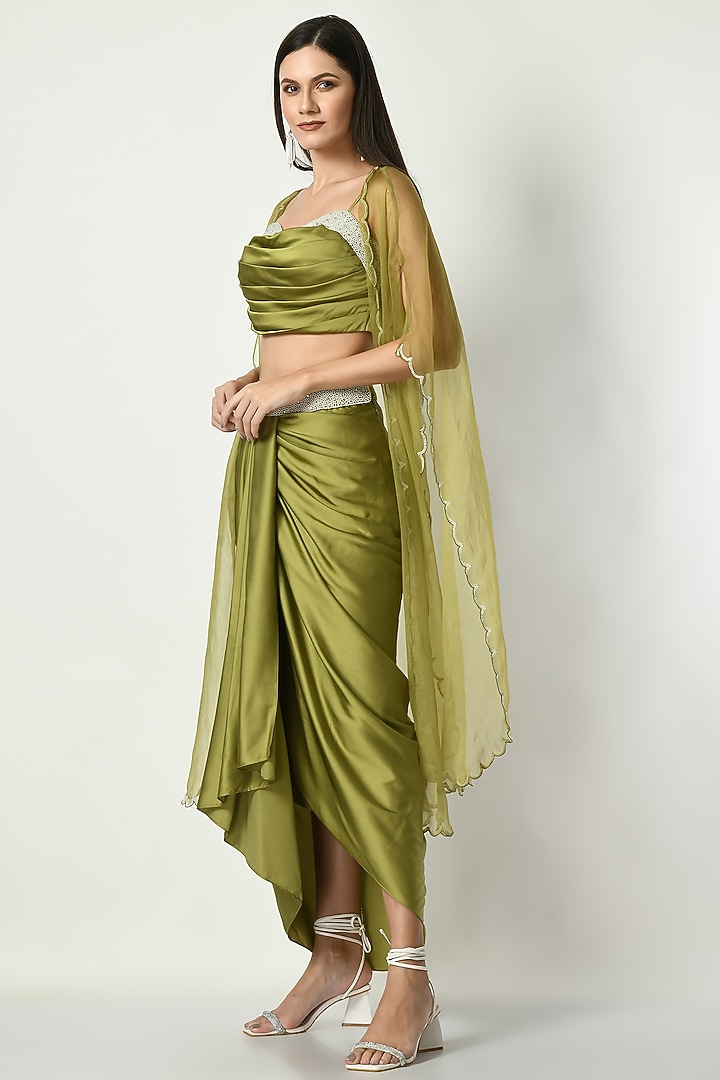 Olive Satin Draped Dhoti Skirt Set by Sunanta Madaan at Pernia's Pop Up Shop