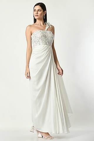 White Wrinkled Chiffon Sequins Embroidered Gown by Sunanta Madaan