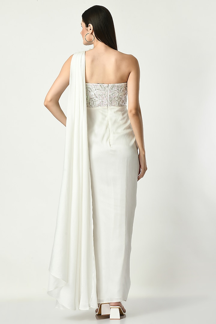 White Wrinkled Chiffon Sequins Embroidered Engagement Gown by Sunanta Madaan at Pernia's Pop Up Shop