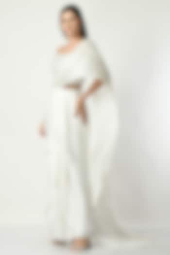 White Wrinkled Chiffon Swirl Draped Saree Set by Sunanta Madaan