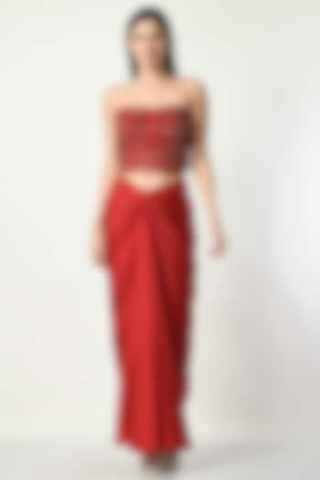 Red Satin Draped Skirt Set by Sunanta Madaan