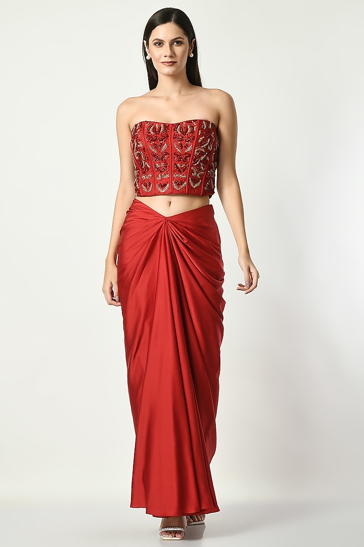 Red Satin Draped Skirt Set by Sunanta Madaan
