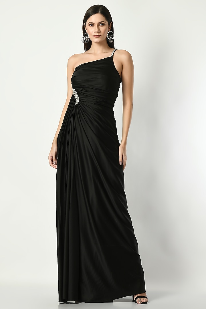 Black Satin Embroidered One Shoulder Draped Gown by Sunanta Madaan