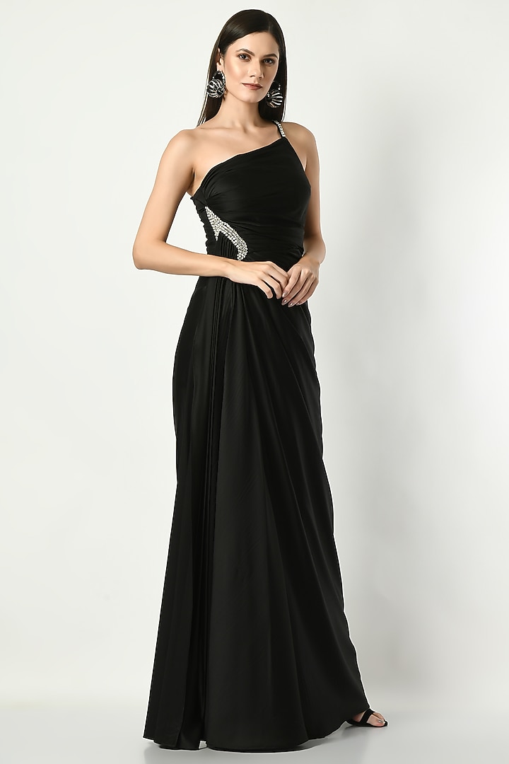Black Satin Embroidered One Shoulder Draped Engagement Gown by Sunanta Madaan at Pernia's Pop Up Shop