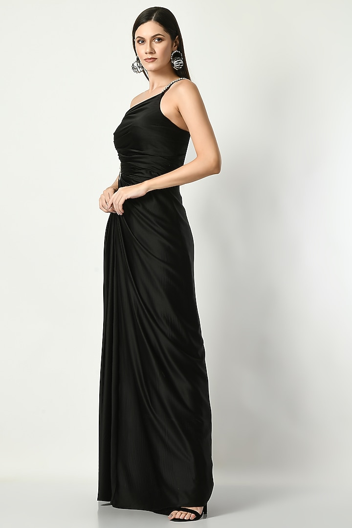 Black Satin Embroidered One Shoulder Draped Engagement Gown by Sunanta Madaan at Pernia's Pop Up Shop