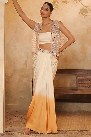 Ivory & Orange Ombre Crepe Hand Embroidered Skirt Set by Sunanta Madaan