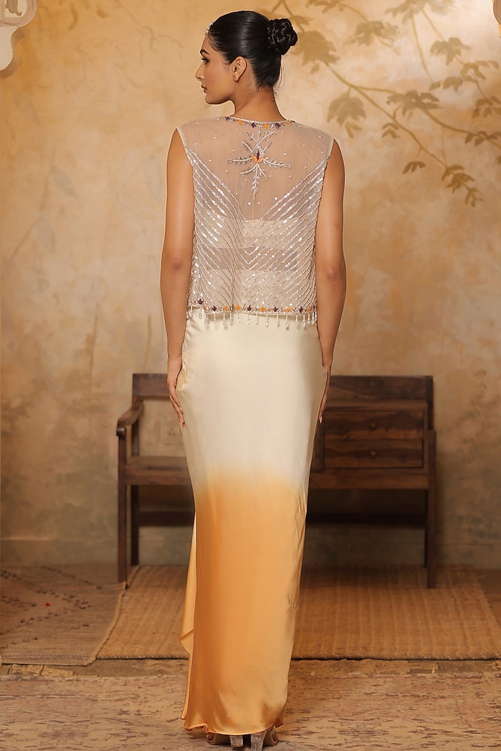 Ivory & Orange Ombre Crepe Hand Embroidered Skirt Set by Sunanta Madaan at Pernia's Pop Up Shop