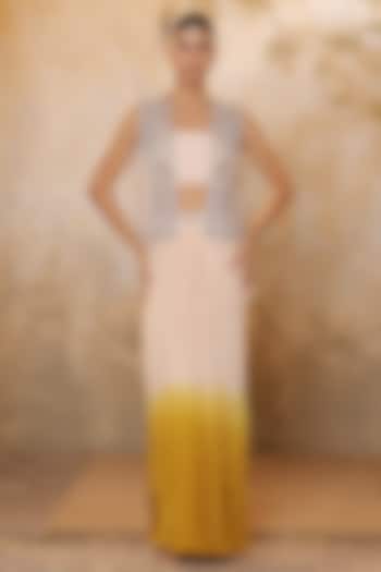 Ivory & Yellow Ombre Crepe Hand Embroidered Skirt Set by Sunanta Madaan at Pernia's Pop Up Shop