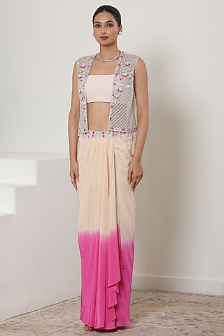 Ivory & Pink Ombre Crepe Hand Embroidered Skirt Set by Sunanta Madaan