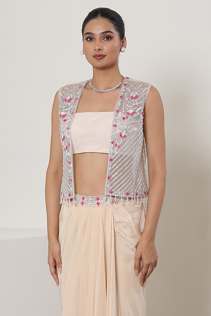 Ivory & Pink Ombre Crepe Hand Embroidered Skirt Set by Sunanta Madaan at Pernia's Pop Up Shop