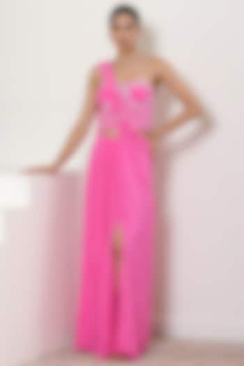 Hot Pink Crepe Hand Embroidered Draped Wedding Saree Set by Sunanta Madaan at Pernia's Pop Up Shop