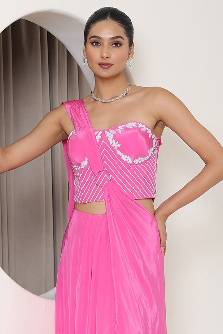 Hot Pink Crepe Hand Embroidered Draped Wedding Saree Set by Sunanta Madaan at Pernia's Pop Up Shop