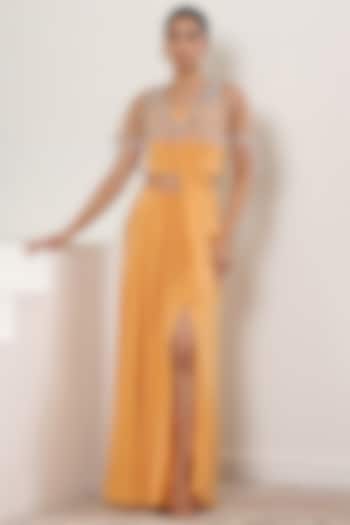 Orange Crepe Embroidered Jacket Wedding Saree Set by Sunanta Madaan at Pernia's Pop Up Shop