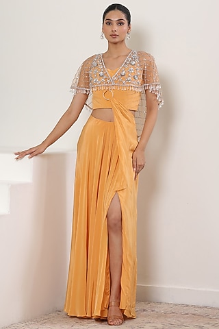 Orange Crepe Embroidered Jacket Saree Set by Sunanta Madaan