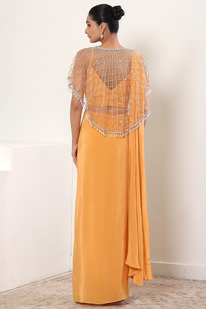 Orange Crepe Embroidered Jacket Wedding Saree Set by Sunanta Madaan at Pernia's Pop Up Shop