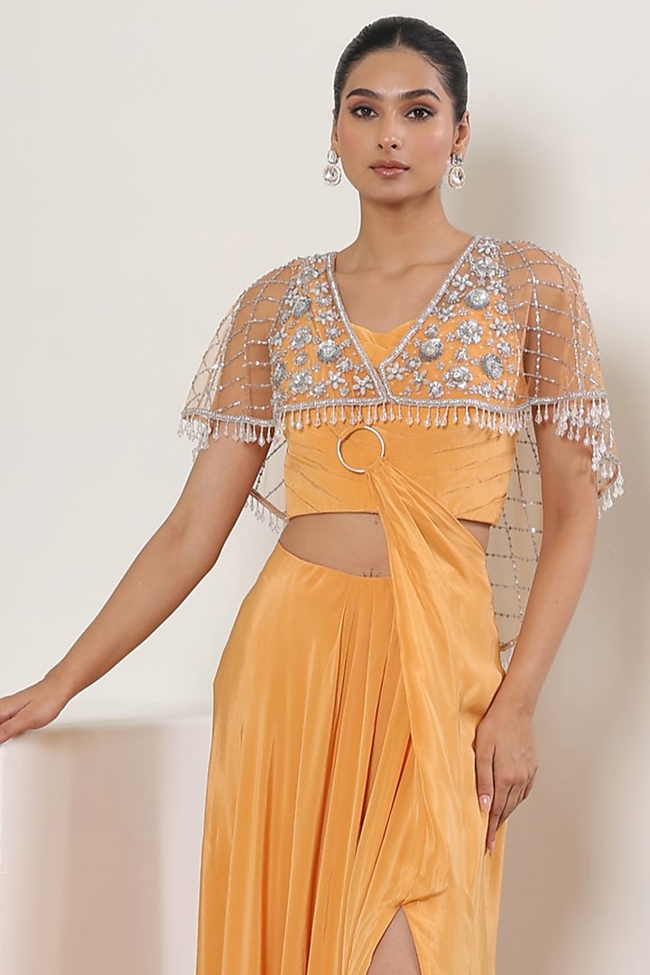 Orange Crepe Embroidered Jacket Wedding Saree Set by Sunanta Madaan at Pernia's Pop Up Shop