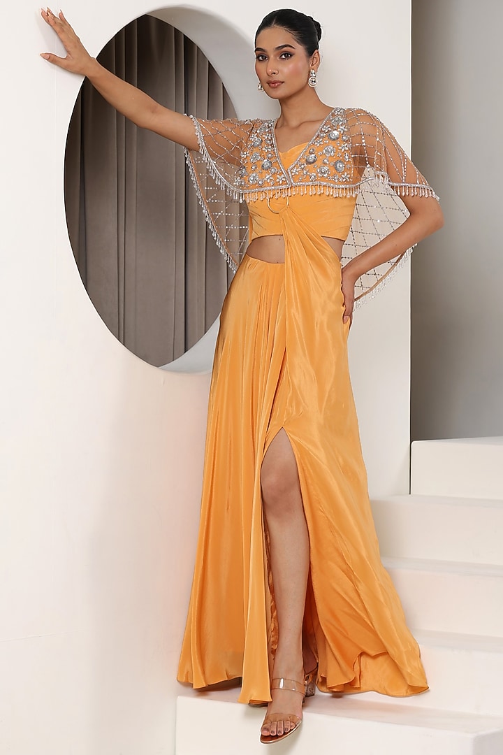 Orange Crepe Embroidered Jacket Wedding Saree Set by Sunanta Madaan at Pernia's Pop Up Shop