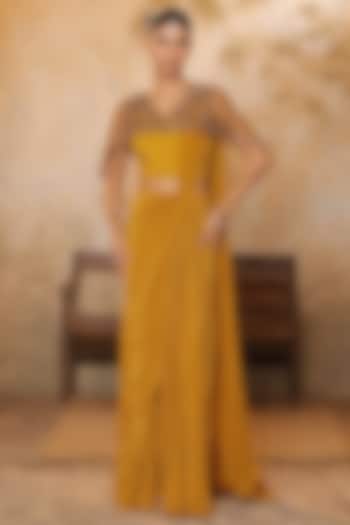 Golden Yellow Crepe Embroidered Jacket Wedding Saree Set by Sunanta Madaan at Pernia's Pop Up Shop