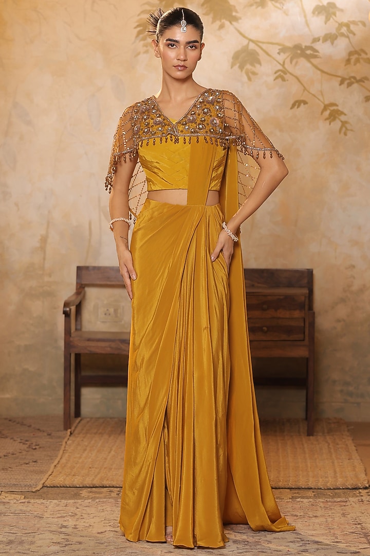 Golden Yellow Crepe Embroidered Jacket Wedding Saree Set by Sunanta Madaan at Pernia's Pop Up Shop