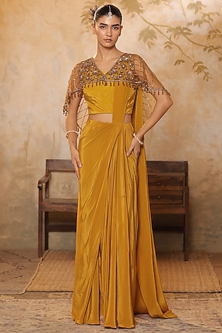 Golden Yellow Crepe Embroidered Jacket Saree Set by Sunanta Madaan